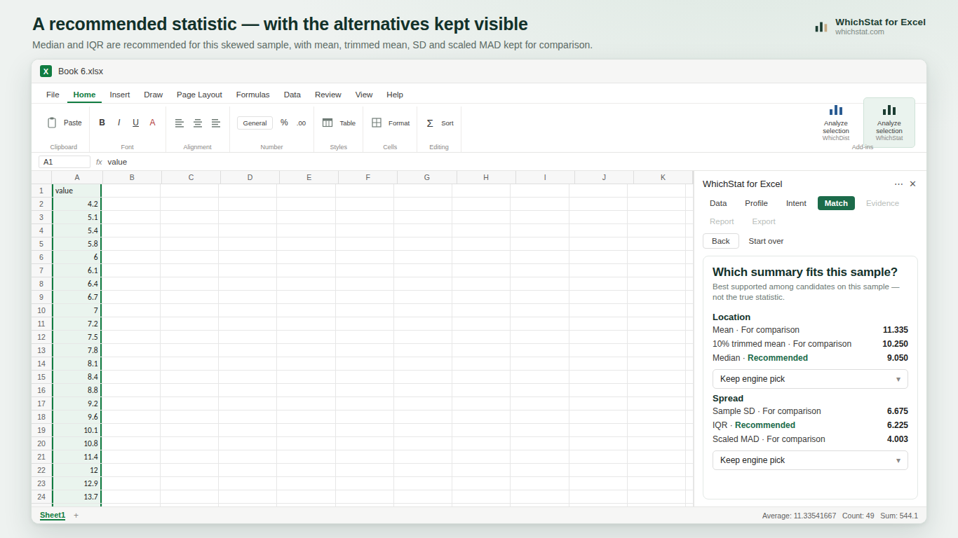 WhichStat Match step: ranked location and spread summaries