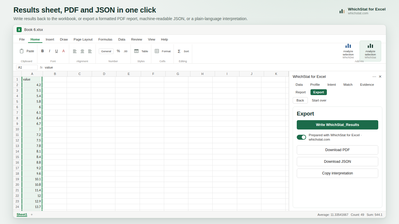 WhichStat Export step: write WhichStat_Results and download PDF